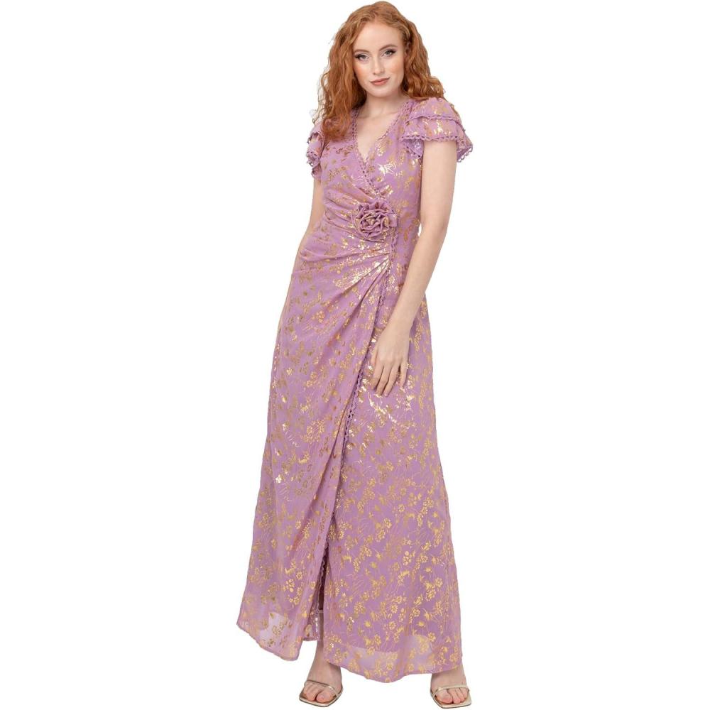 imageMaya Deluxe Womens Maxi Dress Ladies Wrap VNeck Short Tiered Flutter Sleeve Gold Foil Jacquard Corsage ALine Prom Ball Gown FemmeOrchid Pink