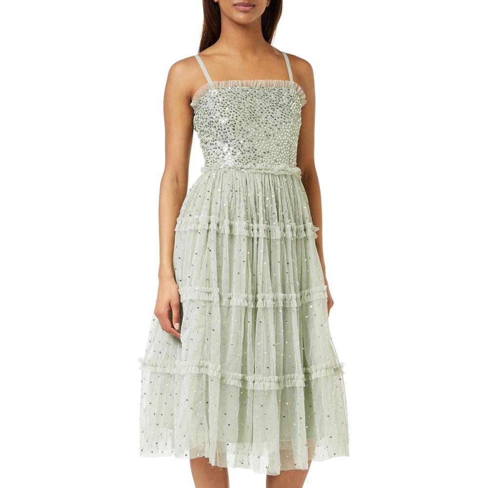 imageMaya Deluxe Womens Midi Ladies Sequin Embellished Sleeveless Ruffle Dress for Wedding Guest Bridesmaid Prom Evening Occasion Robe FemmeGreen Lily