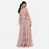 Maya Deluxe Ladies Womens Maxi Dress V Neckline Sequin with Ruffle Empire Waist Slit Split for Prom Ball Bridesmaid Wedding Guest Robe Femme(Frosted Pink)