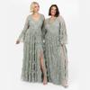 Maya Deluxe Ladies Womens Maxi Dress V Neckline Sequin with Ruffle Empire Waist Slit Split for Prom Ball Bridesmaid Wedding Guest Robe Femme(Green Lily)