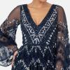 Maya Deluxe Ladies Womens Maxi Dress V Neckline Sequin with Ruffle Empire Waist Slit Split for Prom Ball Bridesmaid Wedding Guest Robe Femme(Navy)