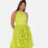 Maya Deluxe Women&rsquo;s Ladies Midi Dress Halterneck Sleeveless Tiered Skirt Floral Lace A-Line for Wedding Guest Evening Occasion Prom Robe Femme(Lime Green)