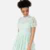 Maya Deluxe Women&rsquo;s Maxi Dress Ladies High Neck Puff Sleeve Sequin Embellished Ruffle Tulle Keyhole Back Empire A-Line Bridesmaid Robe Femme(Mint Green)