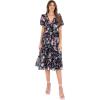 Lovedrobe Robe Midi pour Femme, Col en V, Manches Courtes Bouffantes, Taille Froncée, Imprimé Floral, Coupe Ajustée et Évasée pour Invitées de Mariage Robe Femme (Lot de 1)(Noir)