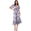 Lovedrobe Women&rsquo;s Ladies Midi Dress V-Neck Short Puff Sleeve Wrap Shirred Waist Floral Print Ruffle Fit and Flare Wedding Guest Femme(Lilac)
