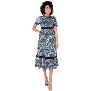 Lovedrobe Robe Midi pour Femme – Col Rond – Manches Bouffantes – Ourlet Imprimé Animal – Ligne A – Occasion Décontractée Robe Femme (Lot de 1)(Bleu)