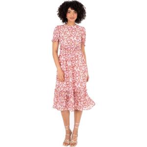 Lovedrobe Robe Midi pour Femme – Col Rond – Manches Bouffantes – Ourlet Imprimé Animal – Ligne A – Occasion Décontractée Robe Femme (Lot de 1)(Rouge)