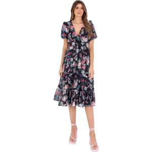 Lovedrobe Robe Midi pour Femme, Col en V, Manches Bouffantes, Taille Chemise, Imprimé Floral, Coupe Plissée et Évasée pour Mariage Robe Femme (Lot de 1)(Noir)