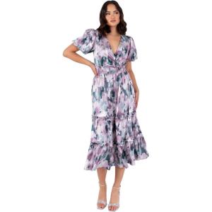 Lovedrobe Women&rsquo;s Ladies Midi Dress V-Neck Short Puff Sleeve Wrap Shirred Waist Floral Print Ruffle Fit and Flare Wedding Guest Femme(Lilac)