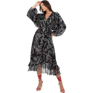 Lovedrobe Women&rsquo;s Midaxi Dress Ladies Long Balloon Sleeve V-Neck Faux Wrap Ruffle Frilly for Wedding Guest Party Occasion Casual Robe Femme (Lot de 1)(Noir)