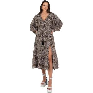 Lovedrobe Women&rsquo;s Midi Dress Ladies V-Neck Long Balloon Sleeve Faux-Wrap Thigh Split Shirred Waist Tassel Belt A-Line Smart Casual(Beige)