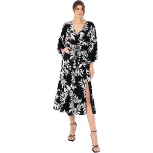 Lovedrobe Women&rsquo;s Midi Dress Ladies V-Neck Long Balloon Sleeve Faux-Wrap Thigh Split Shirred Waist Tassel Belt A-Line Smart Casual(Monochrome)