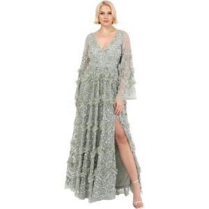 Maya Deluxe Ladies Womens Maxi Dress V Neckline Sequin with Ruffle Empire Waist Slit Split for Prom Ball Bridesmaid Wedding Guest Robe Femme(Green Lily)