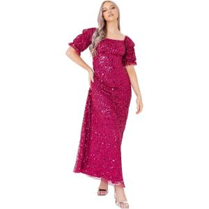 Maya Deluxe Mesdames Maxi Robe Ornée de Paillettes pour les Femmes Invité de Mariage Bouffantes Manches Courtes Longue Encolure Carrée Taille Haute Femme(Framboise)