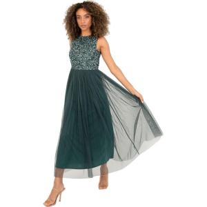 Maya Deluxe Midaxi Dress Women Ladies Sleeveless Sequins High Empire Waist Tulle Embellished for Wedding Guest Ball Robe de Demoiselle d&rsquo;honneur Femme(Emerald Green)