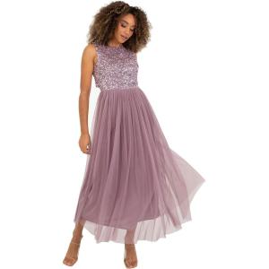 Maya Deluxe Midaxi Dress Women Ladies Sleeveless Sequins High Empire Waist Tulle Embellished for Wedding Guest Ball Robe de Demoiselle d&rsquo;honneur Femme(Moody Lilac)