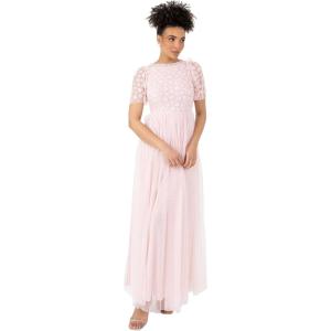 Maya Deluxe Women&rsquo;s Ladies Maxi Dress Round Neck Short Sleeve 3D Floral Embellished Tulle Ruffle A-Line Bridesmaid Wedding Guest Robe Femme (Lot de 1)(Crystal Pink)