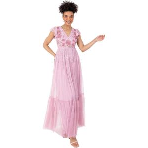 Maya Deluxe Women&rsquo;s Ladies Maxi Dress V-Neck Short Flutter Sleeves Floral Sequin Embellished Tulle A-Line Wedding Guest Bridesmaid Robe Femme(Cherry Blossom)