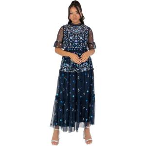 Maya Deluxe Women&rsquo;s Ladies Midaxi Dress High Neckline Embroidered Tulle Empire A-Line for Evening Occasion Prom Ball Gown Femme(Navy Blue)