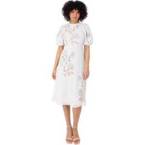 Maya Deluxe Women&rsquo;s Midi Dress Ladies Round Neck Short Puff Sleeve Sequin Embellished Floral Keyhole Back A-Line Wedding Guest Robe Femme(Gris)