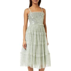 Maya Deluxe Womens Midi Ladies Sequin Embellished Sleeveless Ruffle Dress for Wedding Guest Bridesmaid Prom Evening Occasion Robe Femme(Green Lily)
