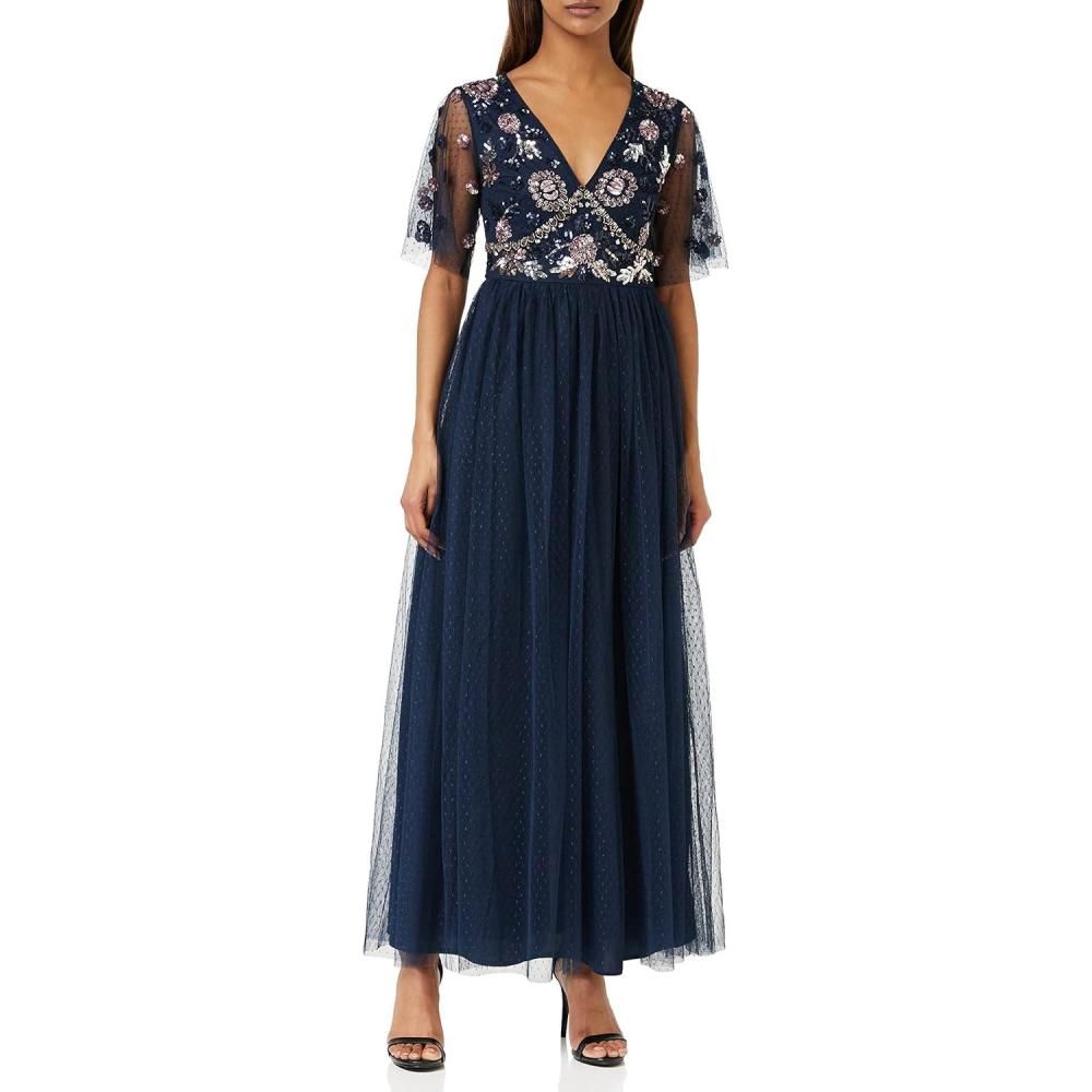 imageMaya Deluxe Womens Maxi Ladies Embellished Spot Mesh ALine VNeck Dress for Wedding Guest Bridesmaid Prom Ball Occasion Robe FemmeNavy