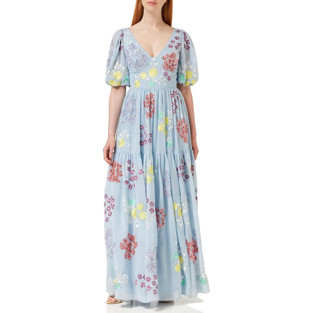imageMaya Deluxe Womens Maxi Ladies V Neck Open Back Cape Sleeve Dress for Wedding Guest Bridesmaid Summer Prom Ball Occasion Robe FemmeBleu