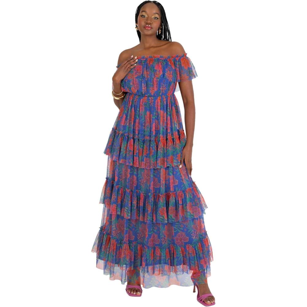 imageAnaya with Love Womens Maxi Dress Ladies Off Shoulder Bardot Neckline Tiered Ruffle Tulle Tropical Floral Print Wedding Guest Prom FemmeCobalt Blue