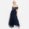 Maya Deluxe Robe longue pour femme avec encolure bardot et épaules dénudées en tulle avec fente latérale haute pour demoiselle d&rsquo;honneur, mariage, bal de fin d&rsquo;année, bleu marine 46, bleu marine, 46