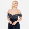Maya Deluxe Robe longue pour femme avec encolure bardot et épaules dénudées en tulle avec fente latérale haute pour demoiselle d&rsquo;honneur, mariage, bal de fin d&rsquo;année, bleu marine 46, bleu marine, 46