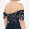 Maya Deluxe Robe longue pour femme avec encolure bardot et épaules dénudées en tulle avec fente latérale haute pour demoiselle d&rsquo;honneur, mariage, bal de fin d&rsquo;année, bleu marine 46, bleu marine, 46