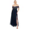 Maya Deluxe Robe longue pour femme avec encolure bardot et épaules dénudées en tulle avec fente latérale haute pour demoiselle d&rsquo;honneur, mariage, bal de fin d&rsquo;année, bleu marine 46, bleu marine, 46
