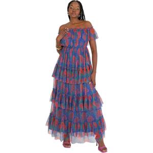 Anaya with Love Women&rsquo;s Maxi Dress Ladies Off Shoulder Bardot Neckline Tiered Ruffle Tulle Tropical Floral Print Wedding Guest Prom Femme(Cobalt Blue)