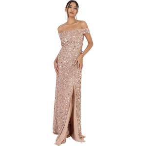 Maya Deluxe Ladies Maxi Dress with Slit Split Bardot Sleevless Sequin Embellishment Evening Gown for Wedding Guest Bridesmaid Prom Robes Femme(Taupe Blush)