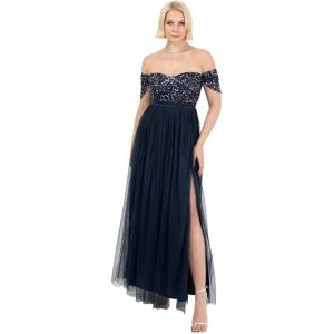 Maya Deluxe Robe longue pour femme avec encolure bardot et épaules dénudées en tulle avec fente latérale haute pour demoiselle d&rsquo;honneur, mariage, bal de fin d&rsquo;année, bleu marine 46, bleu marine, 46