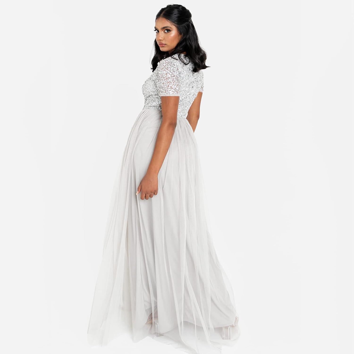 imageMaya Deluxe Robe de Soire Femme Maxi Manches Courtes Taille Empire Robe Demoiselle dhonneur pour Bal MariagesGris Clair