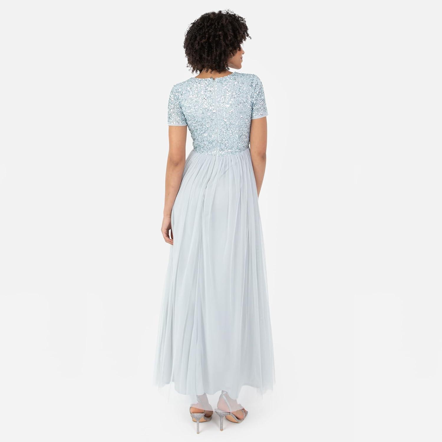 imageMaya Deluxe Robe de Soire Femme Maxi Manches Courtes Taille Empire Robe Demoiselle dhonneur pour Bal MariagesIce Blue