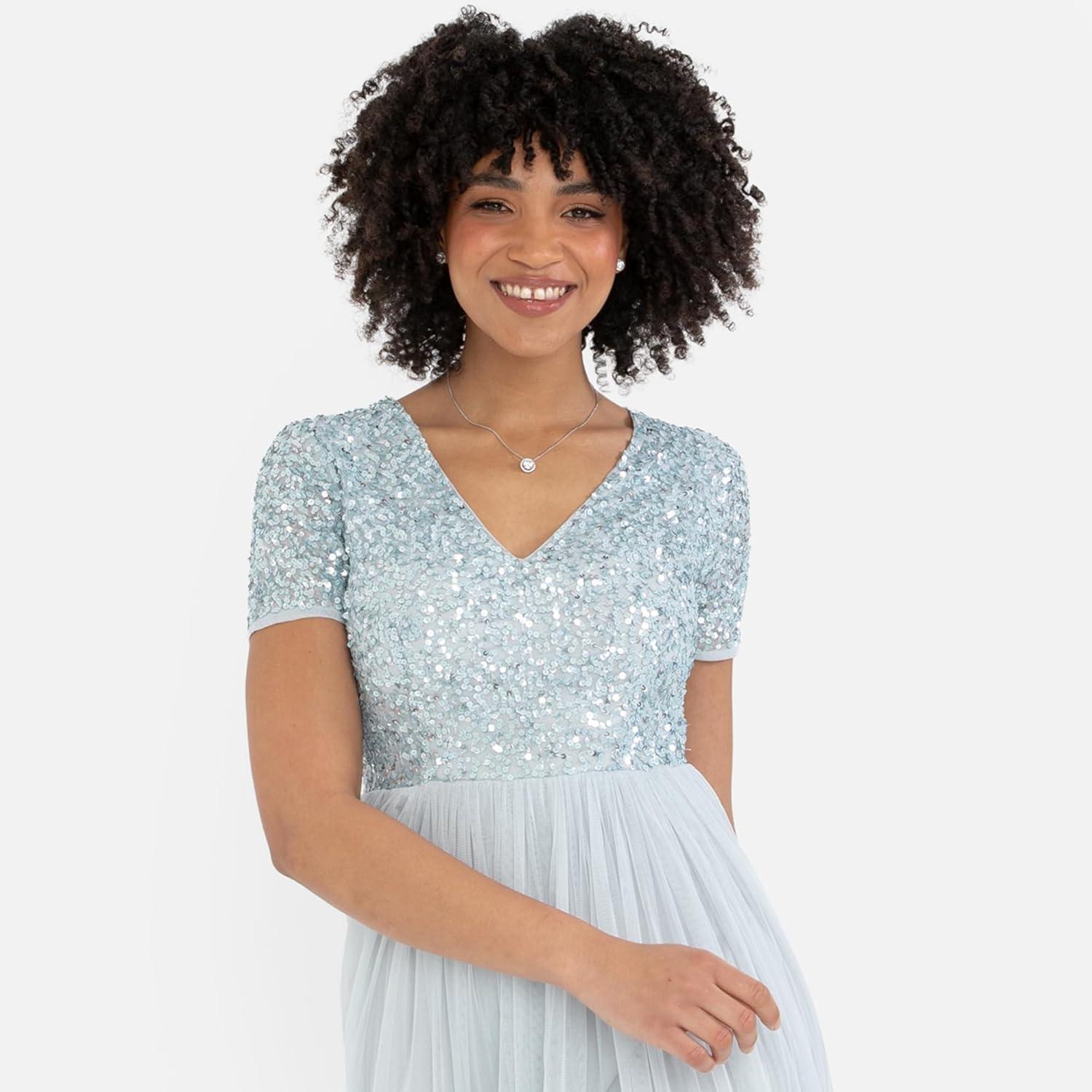 imageMaya Deluxe Robe de Soire Femme Maxi Manches Courtes Taille Empire Robe Demoiselle dhonneur pour Bal MariagesIce Blue