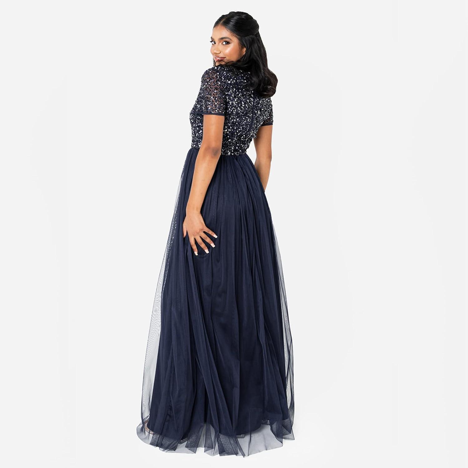 imageMaya Deluxe Robe de Soire Femme Maxi Manches Courtes Taille Empire Robe Demoiselle dhonneur pour Bal MariagesNavy