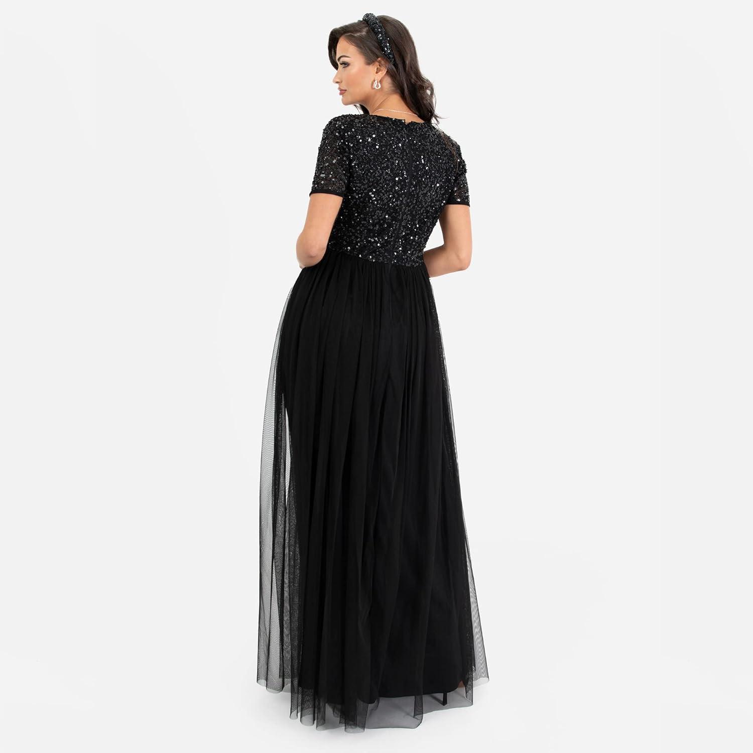imageMaya Deluxe Robe de Soire Femme Maxi Manches Courtes Taille Empire Robe Demoiselle dhonneur pour Bal MariagesNoir