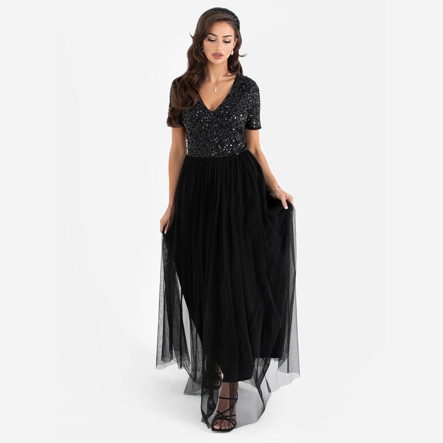 imageMaya Deluxe Robe de Soire Femme Maxi Manches Courtes Taille Empire Robe Demoiselle dhonneur pour Bal MariagesNoir