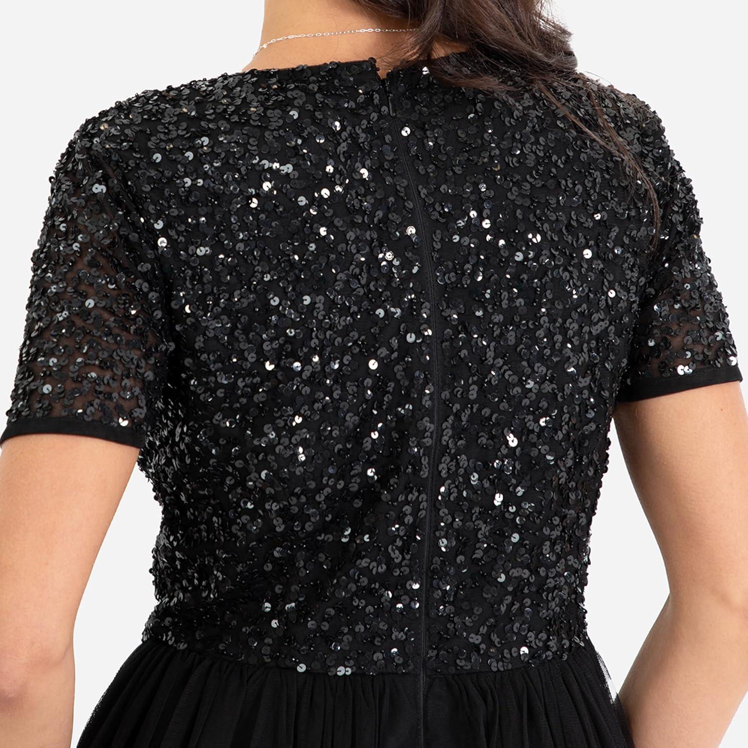 imageMaya Deluxe Robe de Soire Femme Maxi Manches Courtes Taille Empire Robe Demoiselle dhonneur pour Bal MariagesNoir