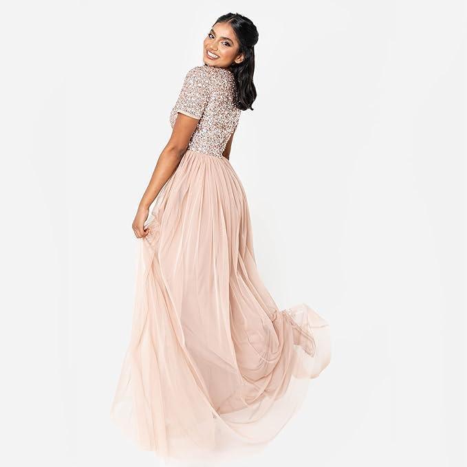 imageMaya Deluxe Robe de Soire Femme Maxi Manches Courtes Taille Empire Robe Demoiselle dhonneur pour Bal MariagesTaupe Blush