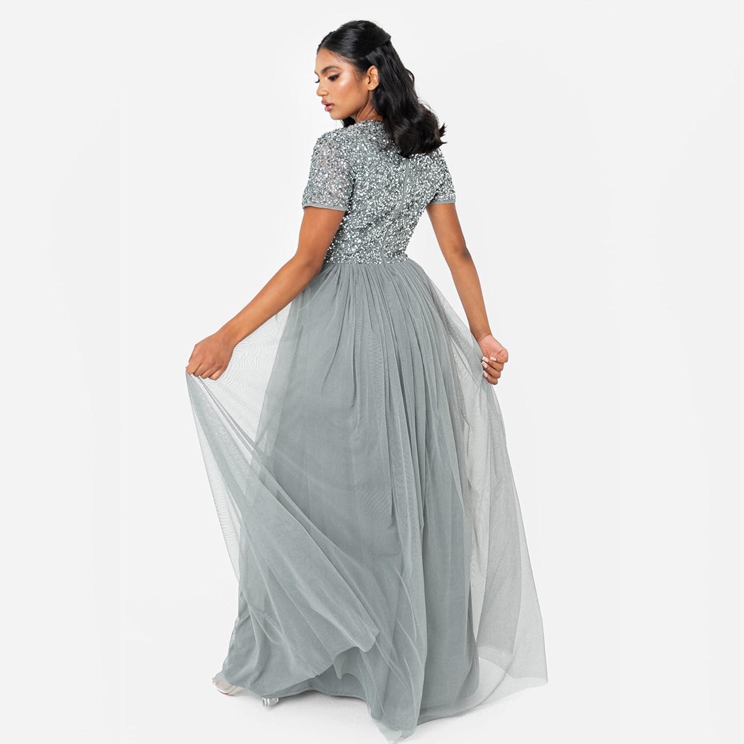 imageMaya Deluxe Robe de Soire Femme Maxi Manches Courtes Taille Empire Robe Demoiselle dhonneur pour Bal MariagesVert Bruyant