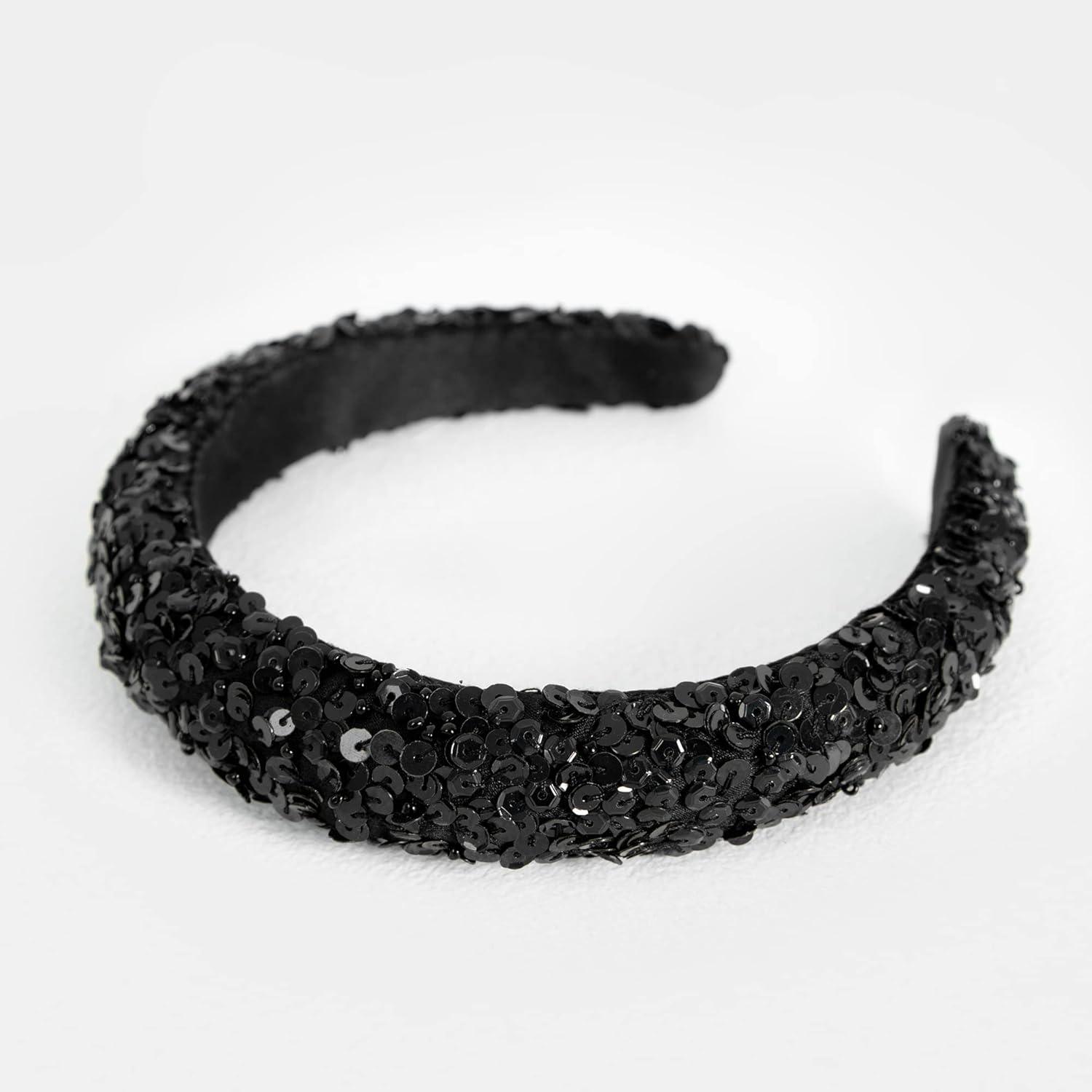 imageMaya Deluxe Womens Embellished Headband for Ladies Adults Sequin Alice Band Bridal Hair Accessories Bridesmaid Evening Formal Bandeau aux femmes Black One Size
