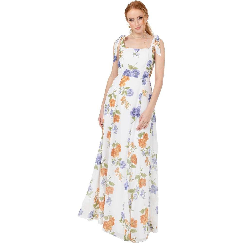imageAnaya with Love Womens Maxi Dress Ladies Sleeveless Square Neck Bow Tie Straps ALine Floral Shirred Back Bridesmaid Wedding Guest Prom FemmeIvory Floral Print