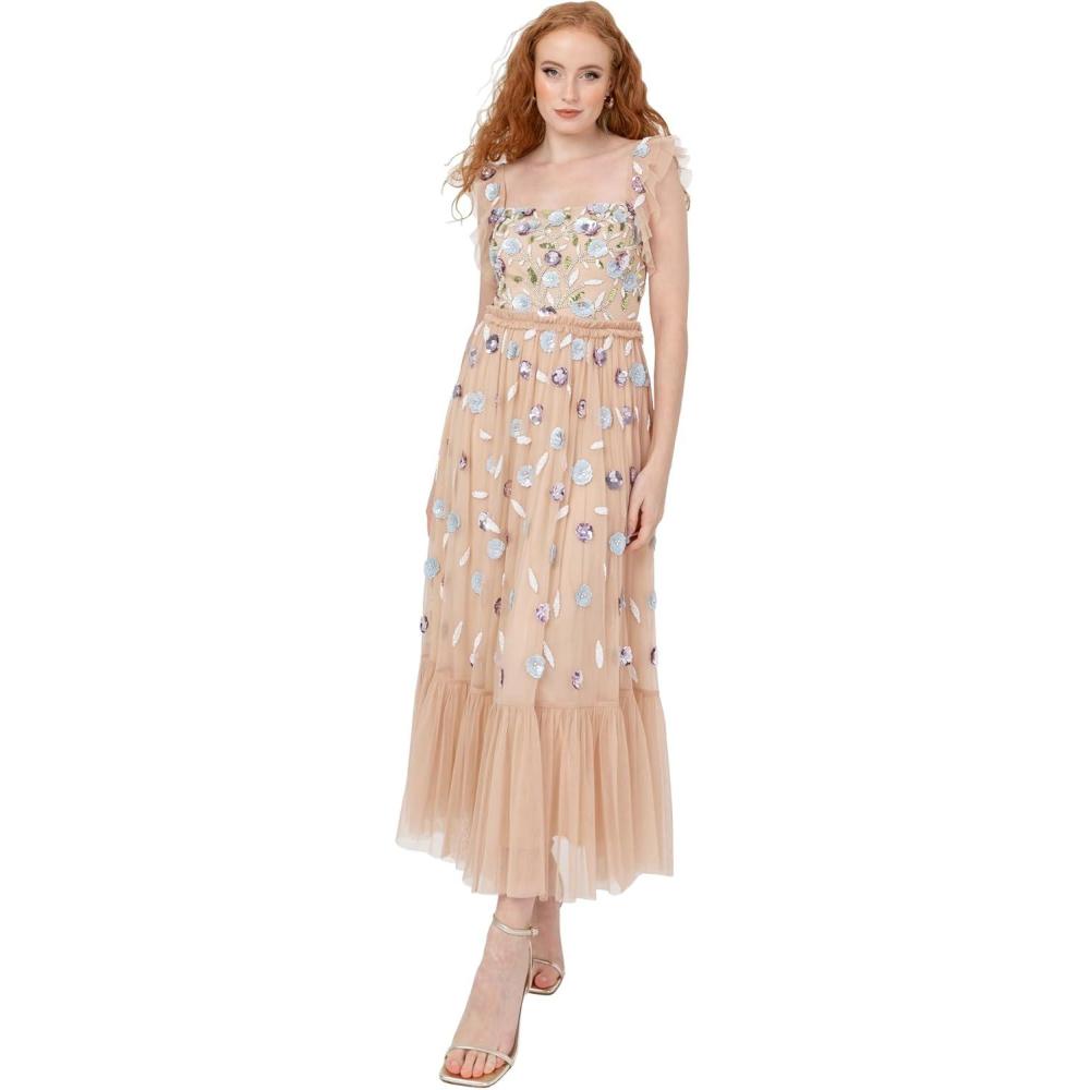 imageMaya Deluxe Womens Midaxi Dress Ladies Ruffle Short Sleeve Square Neck Sequin Embellished Shirred Back Frills ALine Wedding Guest Dress Femme Lot de 1Nude