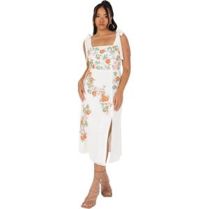 Maya Deluxe Women&rsquo;s Ladies Midi Dress Square Neck Sleeveless Tie Shoulder Floral Embellished Slit Split for Wedding Guest Occasion Robe spéciale Femme(Ecru)
