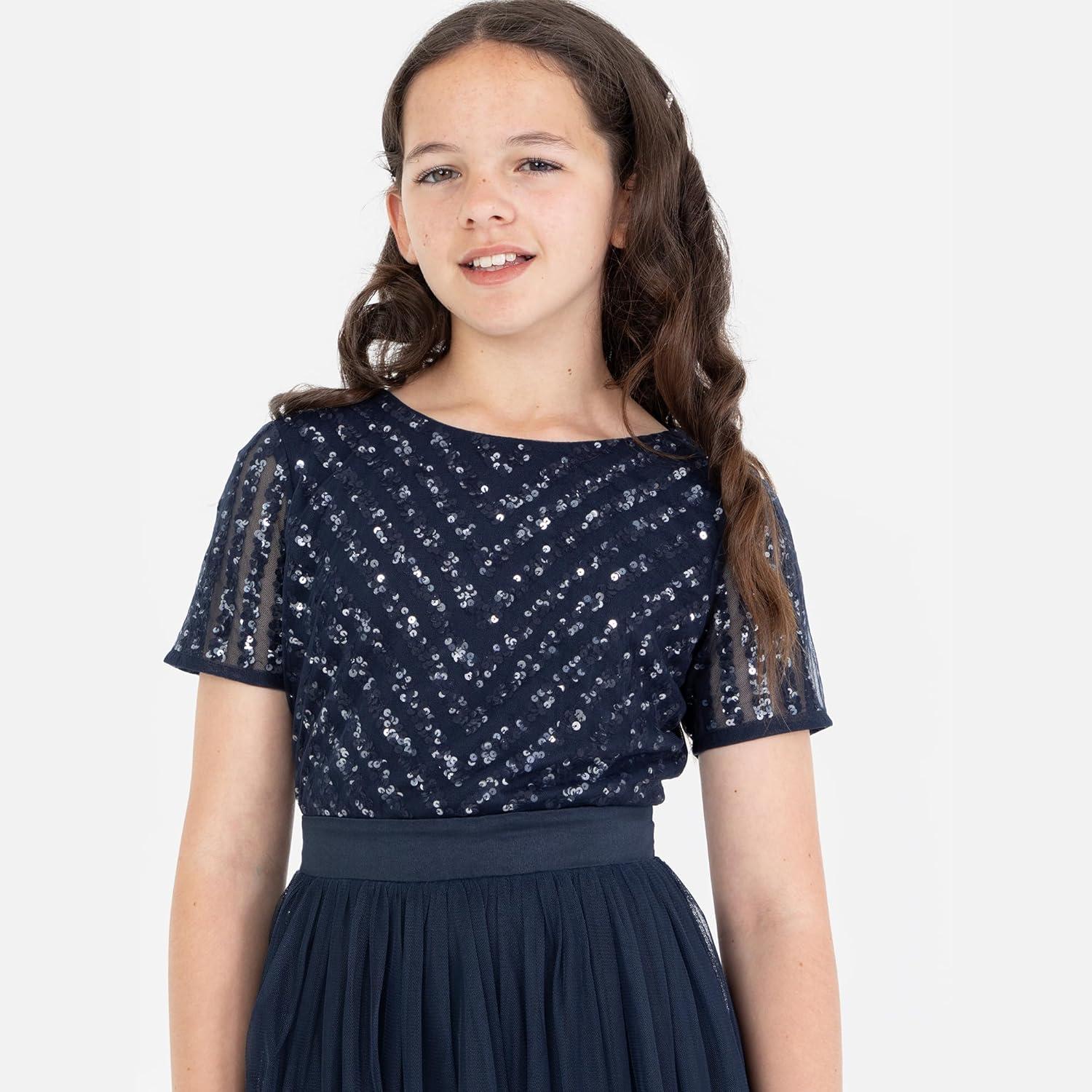 image:imageMaya Deluxe Robe Midi pour Fille avec Paillettes pour Mariage Anniversaire Demoiselle dhonneurBleu Marine