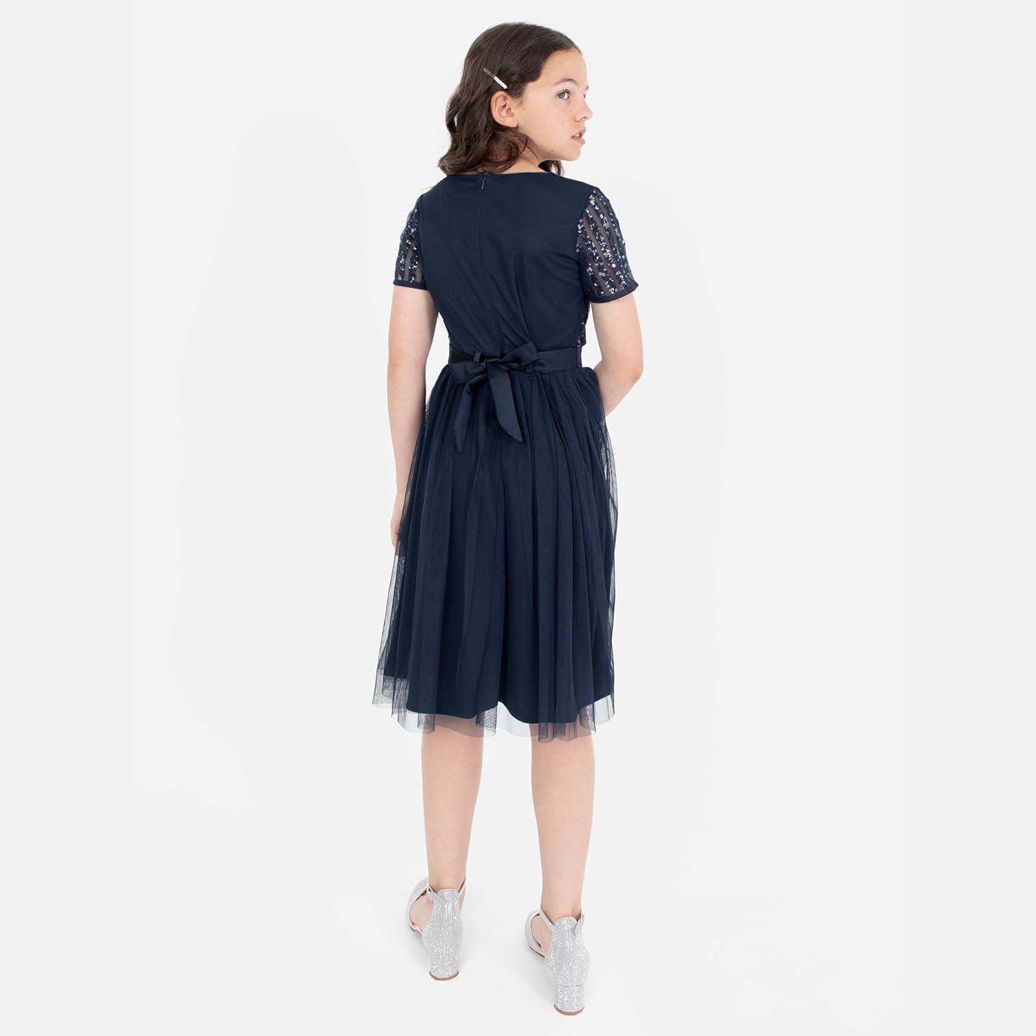 image:imageMaya Deluxe Robe Midi pour Fille avec Paillettes pour Mariage Anniversaire Demoiselle dhonneurBleu Marine
